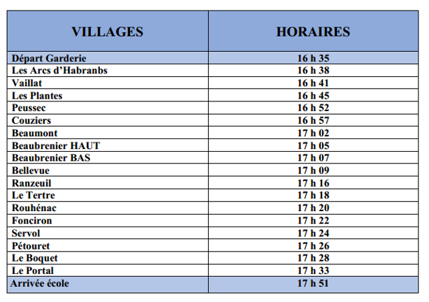 Horaires bus soir